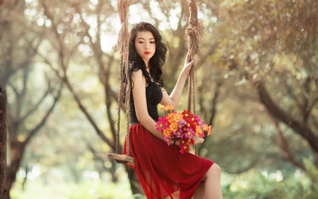 Woman red dress swing flowers free wallpaper for desktop - medium preview image