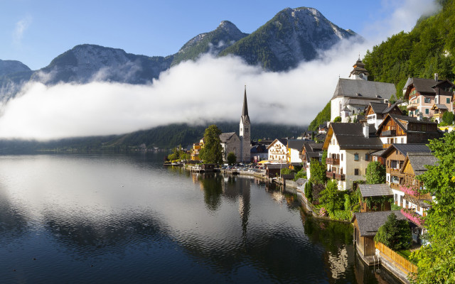 Lake mountains houses church foggy free wallpaper for desktop - medium preview image