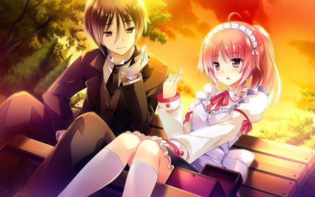 Anime couple bench park sunset free wallpaper for desktop - medium preview image