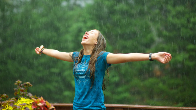 Woman standing rain arms outstretched free wallpaper for desktop - medium preview image