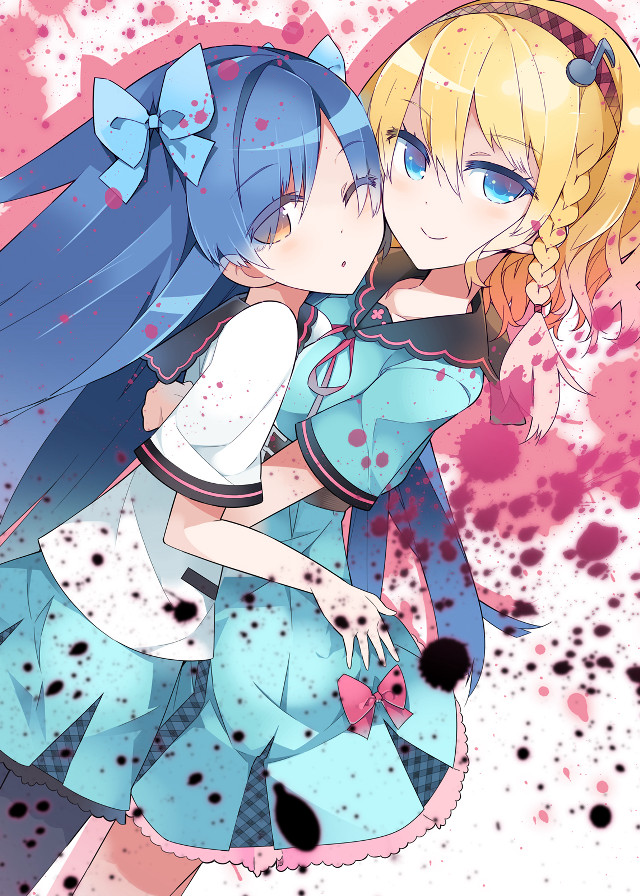 Anime girls hugging paint splatters free wallpaper for mobile - medium preview image