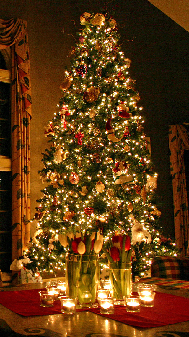 Lit christmas tree candles ornaments free wallpaper for mobile - medium preview image