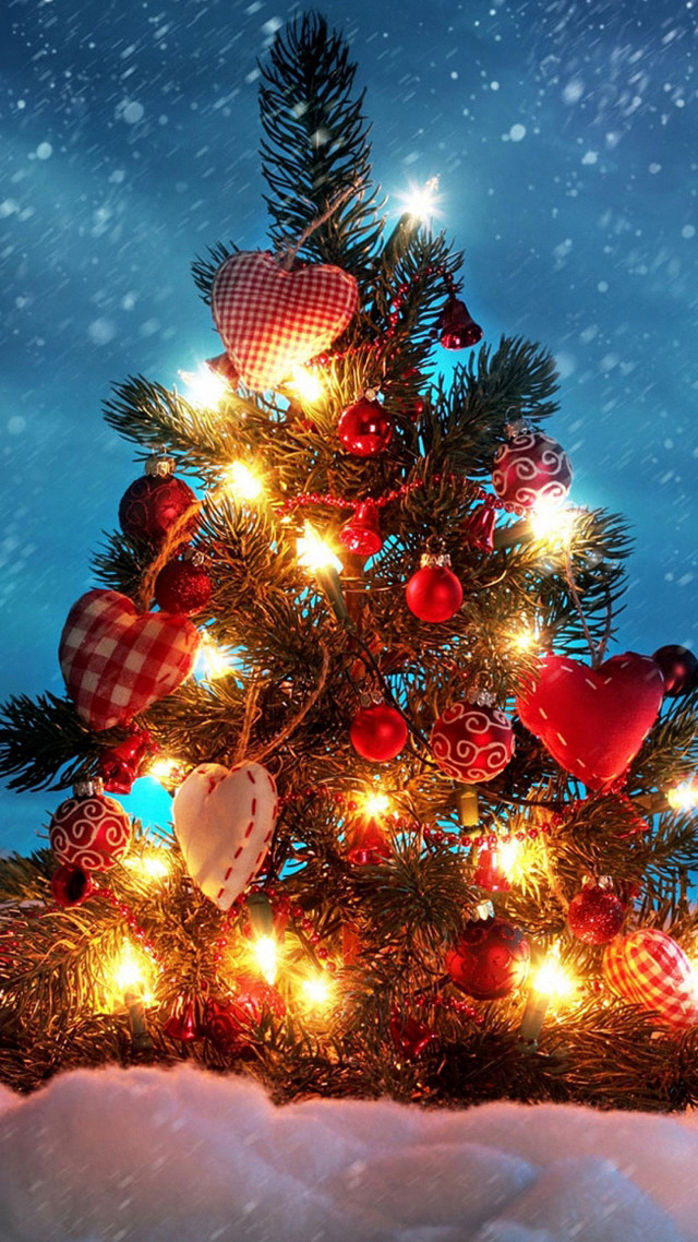 Christmas tree lights ornaments snowy free wallpaper for mobile - medium preview image