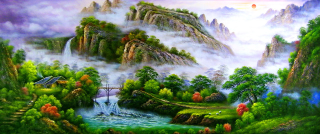 Mountain waterfall bridge painting nature free wallpaper for desktop - medium preview image