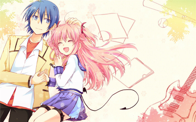 Anime couple guitar pink background free wallpaper for desktop - medium preview image