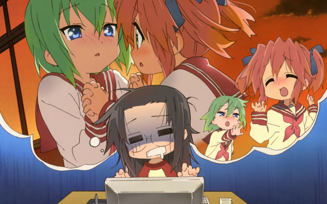 Anime characters table laptop sunset free wallpaper for desktop - medium preview image