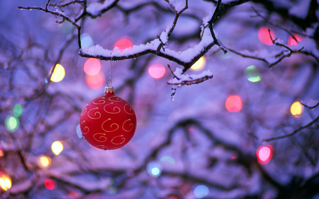 Red ornament tree lights snow free wallpaper for desktop - medium preview image