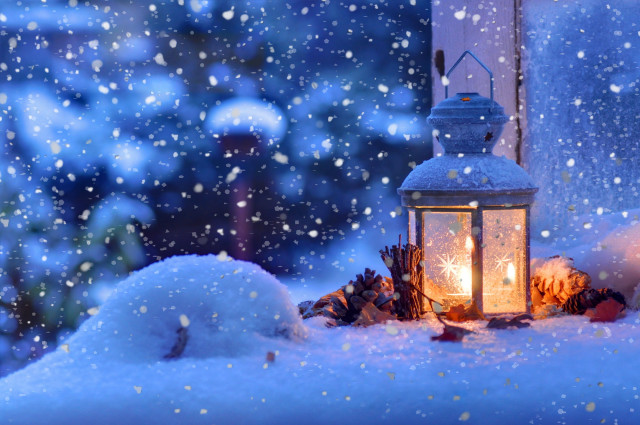 Lantern lit snow window falling free wallpaper for desktop - medium preview image
