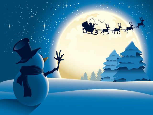 Snowman sleigh reindeers night fullmoon free wallpaper for desktop - medium preview image
