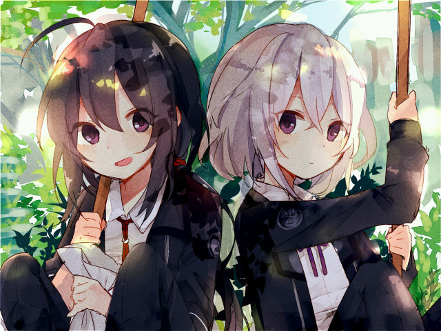 Anime girls tree leaves stick free wallpaper for desktop - medium preview image