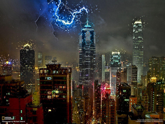City skyline lightning bolt sky free wallpaper for desktop - medium preview image