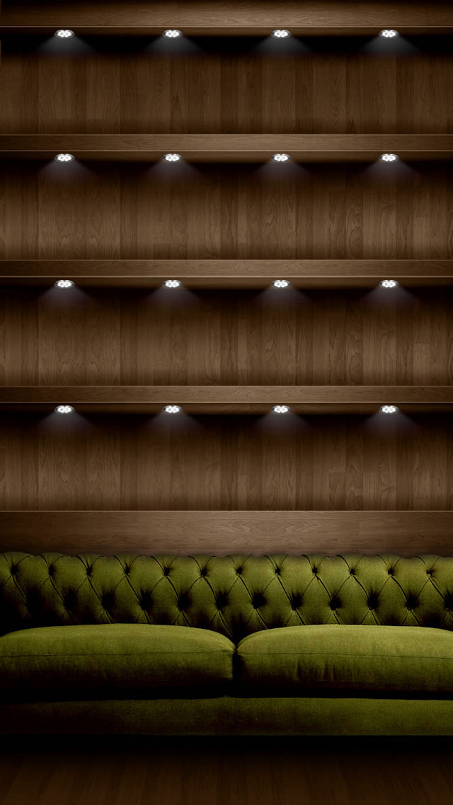 Green couch wooden wall shelves free wallpaper for mobile - medium preview image