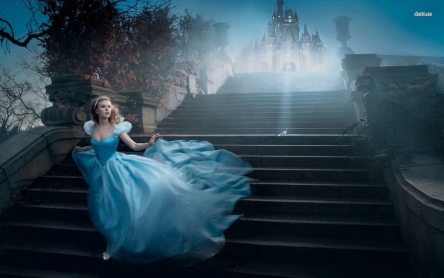 Woman blue dress sitting stairs free wallpaper for desktop - medium preview image