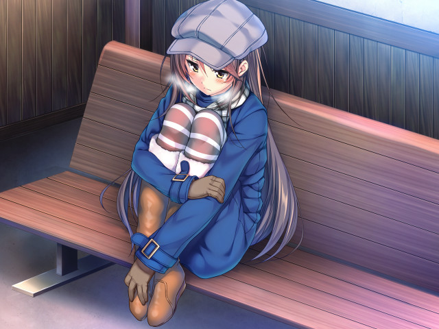 Girl bench hat blue dress free wallpaper for desktop - medium preview image