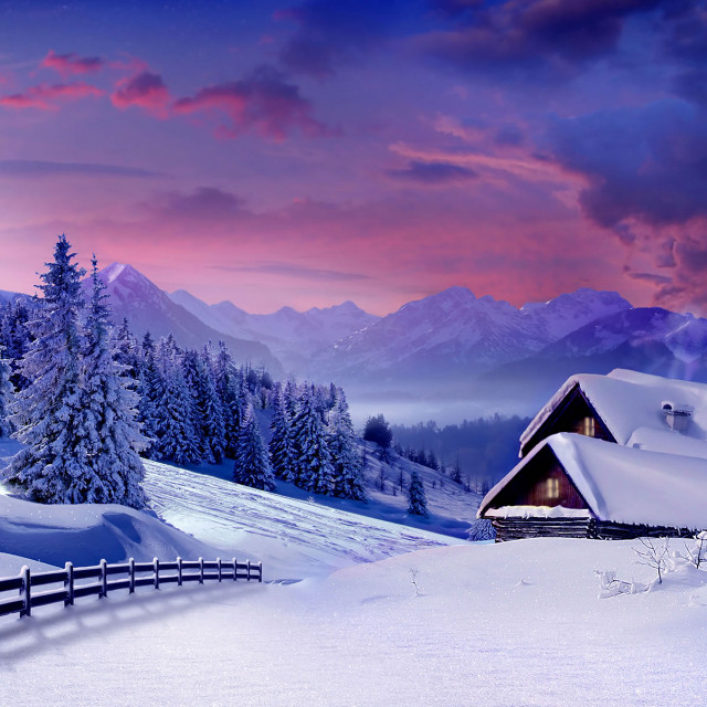 Snowy landscape cabin fence mountains free wallpaper for tablet - medium preview image