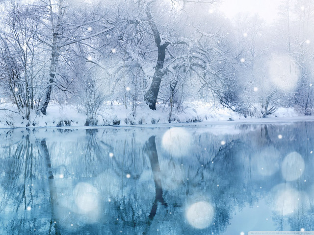 Snowy lake trees snowflakes water #3 free wallpaper for desktop - medium preview image