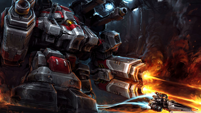 Large robot gun fire dark free wallpaper for desktop - medium preview image