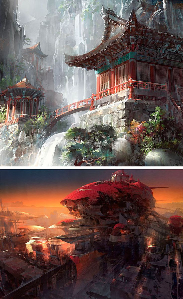 City waterfall red building painting free wallpaper for mobile - medium preview image