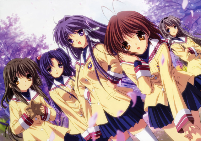 Girls school uniforms line trees free wallpaper for desktop - medium preview image