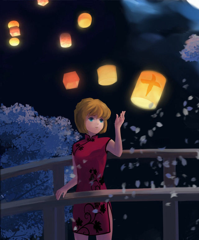Woman red dress bridge lanterns free wallpaper for mobile - medium preview image