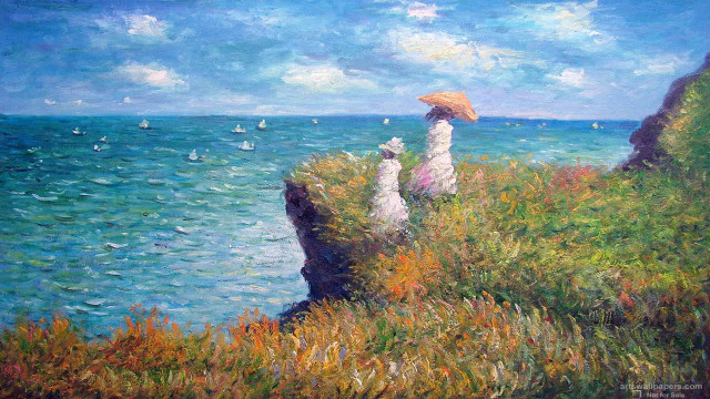 People cliff ocean parasol painting free wallpaper for desktop - medium preview image