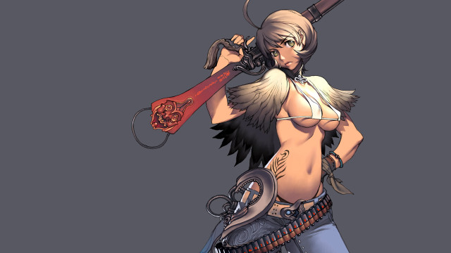 Woman gun bird shoulder sword free wallpaper for desktop - medium preview image