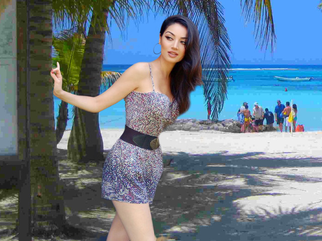 Woman short dress beach palm free wallpaper for desktop - medium preview image