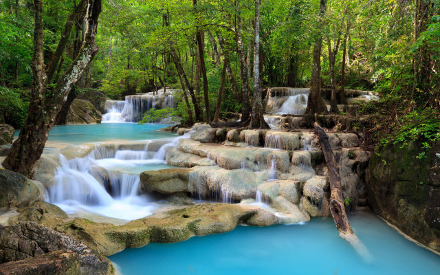 Waterfall forest blue water rocks #2 free wallpaper for desktop - medium preview image