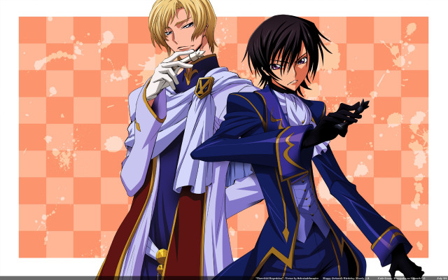 Anime characters checkered background red free wallpaper for desktop - medium preview image