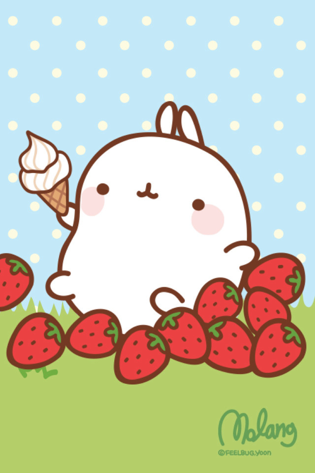 Cartoon bunny eating strawberries ice free wallpaper for mobile - medium preview image
