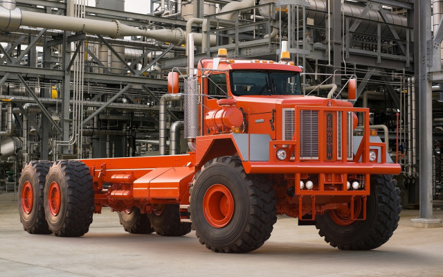 Large orange truck factory pipes free wallpaper for desktop - medium preview image