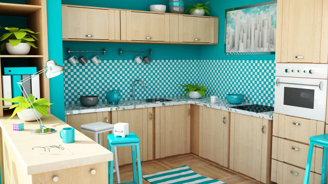 Kitchen blue white checkered backslash free wallpaper for desktop - medium preview image