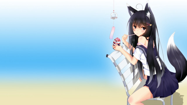 Anime girl beach chair drink free wallpaper for desktop - medium preview image