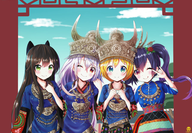 Three anime horns dress posing free wallpaper for desktop - medium preview image