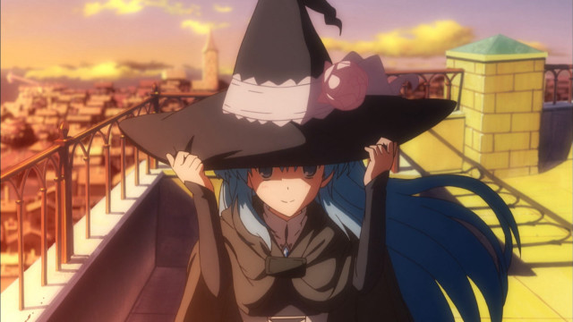 Woman witches hat balcony city free wallpaper for desktop - medium preview image