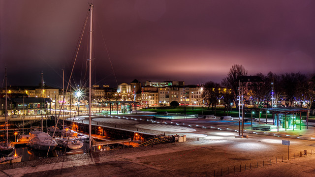 Boat dock night lights city free wallpaper for desktop - medium preview image