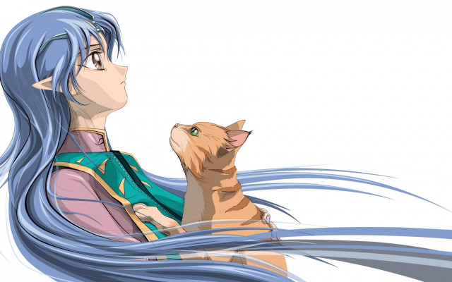 Blue haired woman holding cat free wallpaper for desktop - medium preview image
