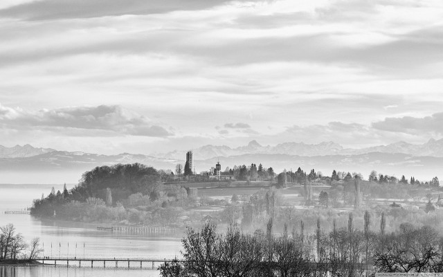 Black white island lake bridge free wallpaper for desktop - medium preview image