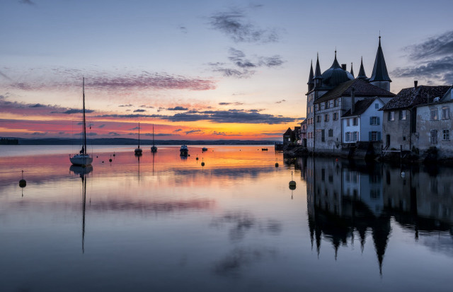 Sunset small town lake sailboats free wallpaper for desktop - medium preview image