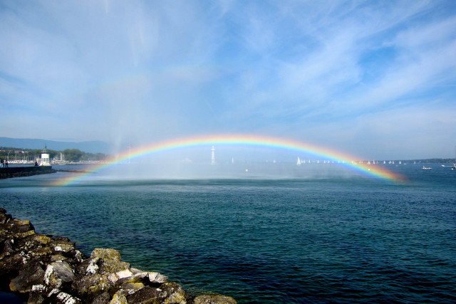 Rainbow water bridge boat background free wallpaper for desktop - medium preview image