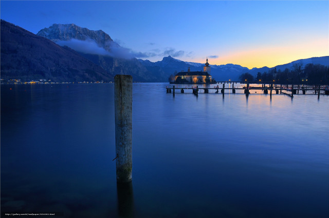 Dock clock tower mountains dusk free wallpaper for desktop - medium preview image