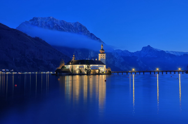 Church pier mountain night lights free wallpaper for desktop - medium preview image