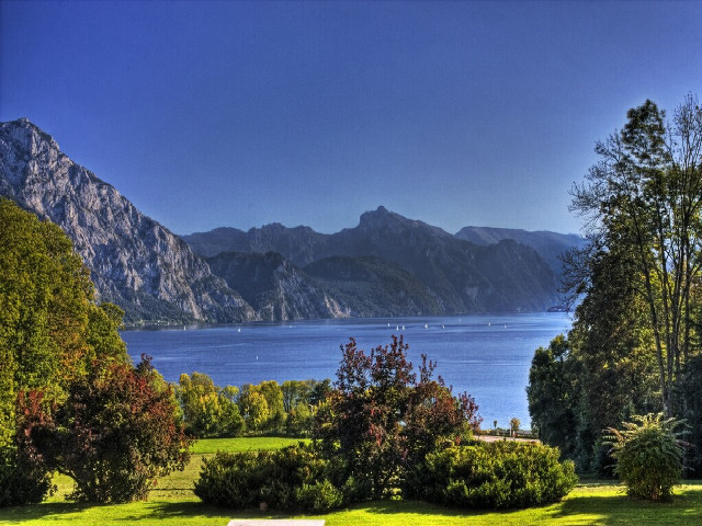 Lush green lake mountains bench free wallpaper for desktop - medium preview image