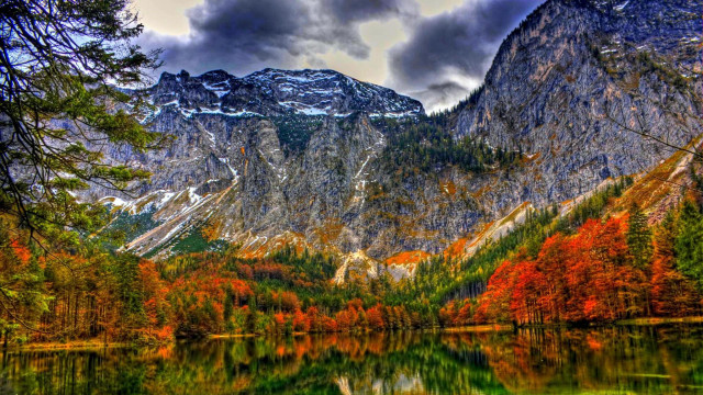 Mountain lake forest autumn cloudy free wallpaper for desktop - medium preview image