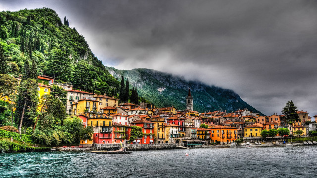 Village lake mountain cloudy sky free wallpaper for desktop - medium preview image