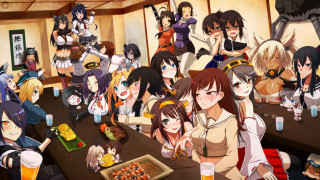 Anime girls table drinks food free wallpaper for desktop - medium preview image