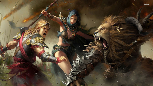 Two women armor fighting demon free wallpaper for desktop - medium preview image