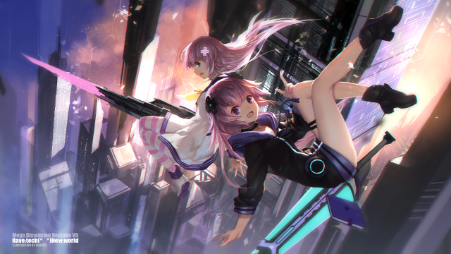 Futuristic girls swords city adventure free wallpaper for desktop - medium preview image