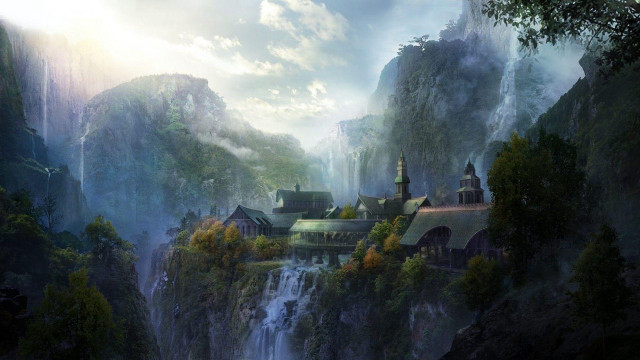 Fantasy castle mountain waterfall below #2 free wallpaper for desktop - medium preview image