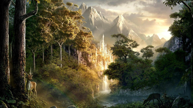 Forest waterfall castle rainbow painting free wallpaper for desktop - medium preview image